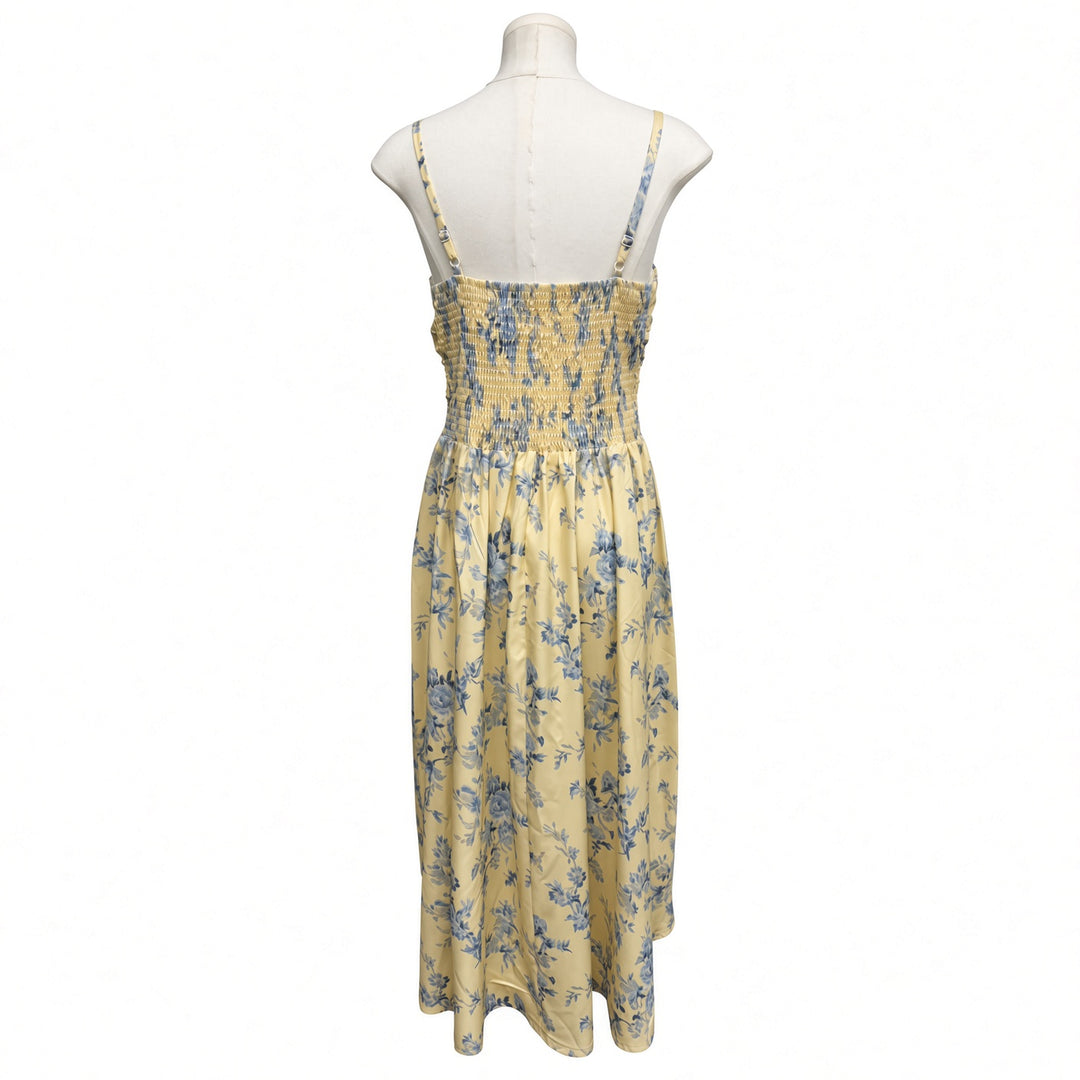 Back garment view of the yellow floral midi dress
