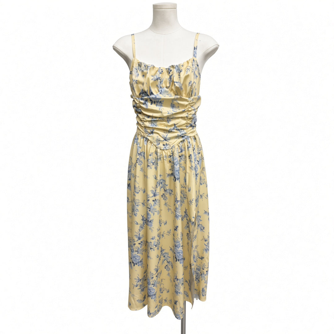 Front garment view of the yellow floral midi dress