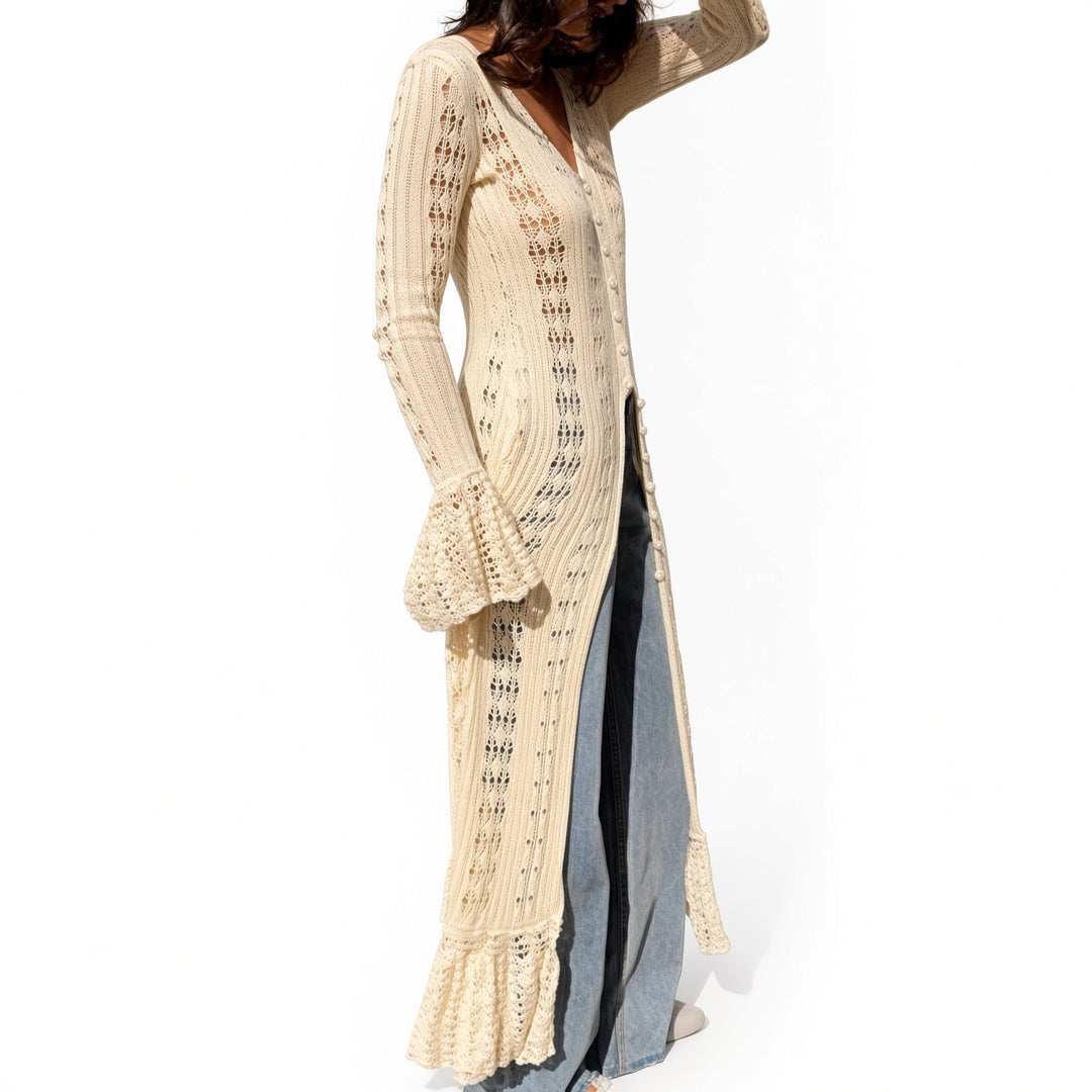 Light Cream open-knit maxi cardigan, front view
