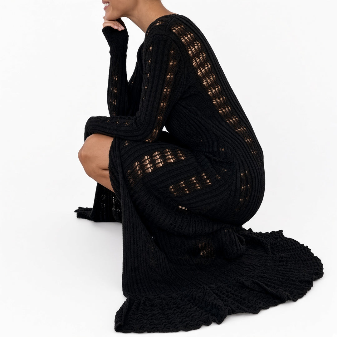 Black open-knit maxi cardigan, seated view