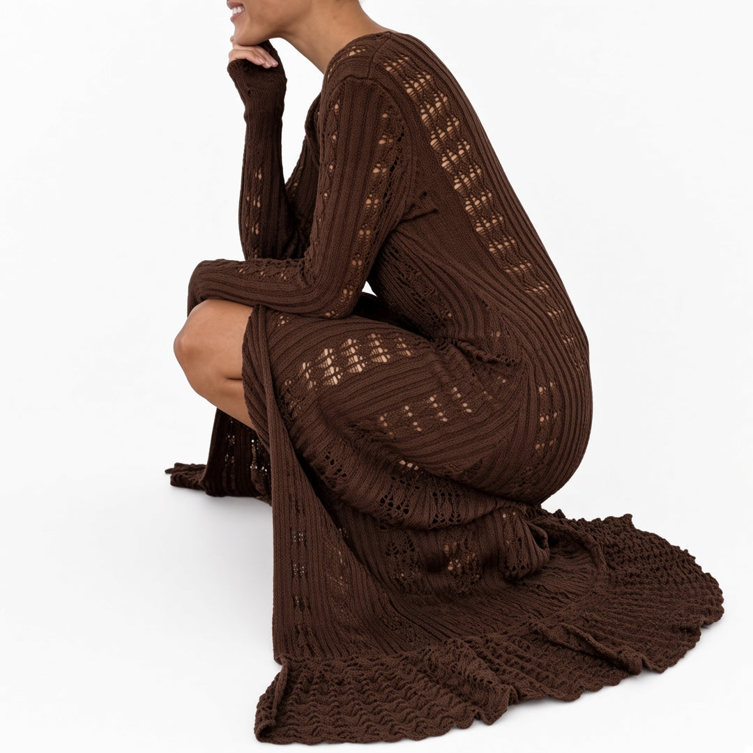 Coffee open-knit maxi cardigan, seated view