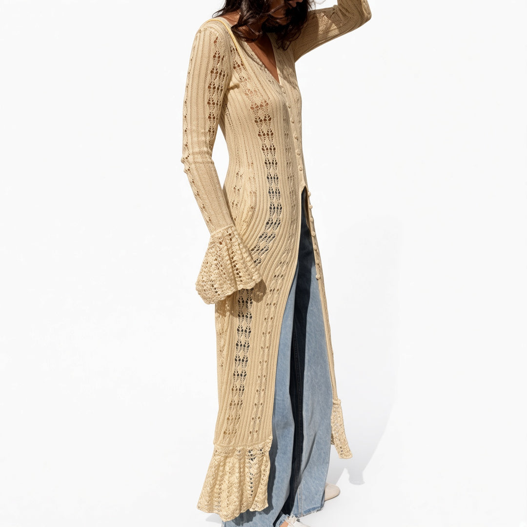 Yellow Apricot open-knit maxi cardigan, front view