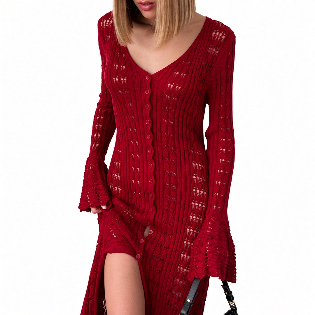 Red open-knit maxi cardigan, front view