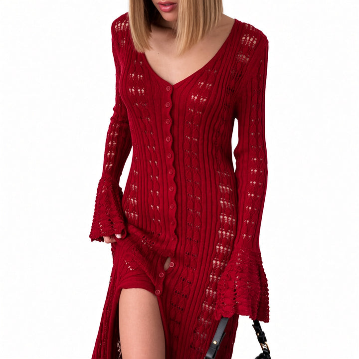 Red open-knit maxi cardigan, front view