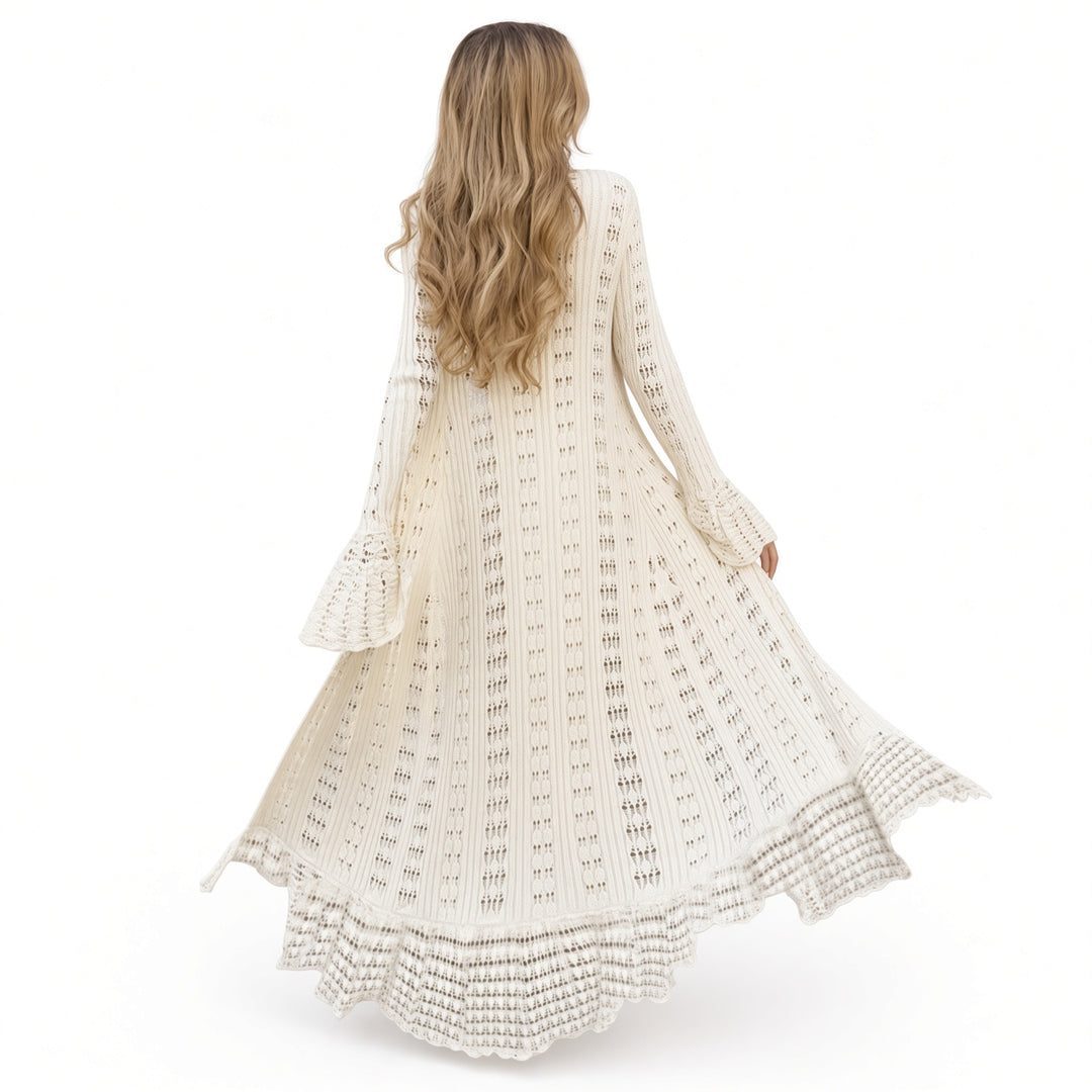 Back view of the White open-knit maxi cardigan