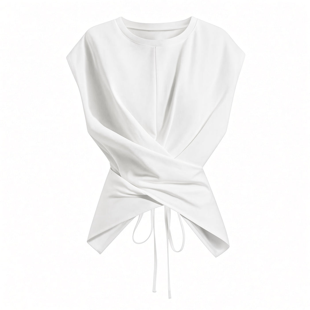 White wrap-waist tie-back top, front view