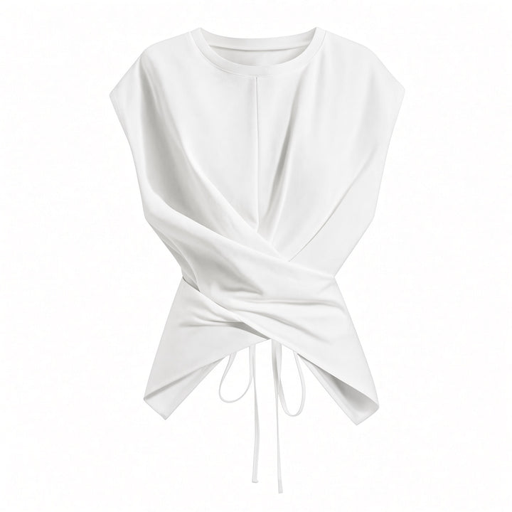 White wrap-waist tie-back top, front view