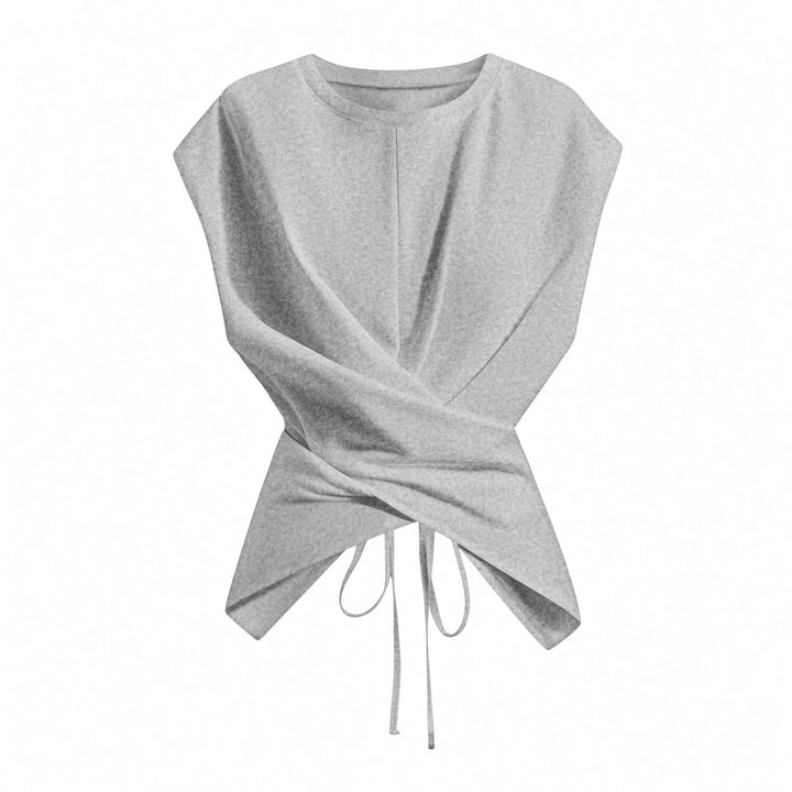 Gray wrap-waist tie-back top, front view