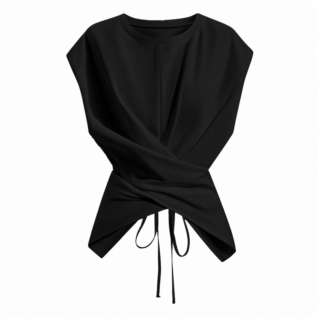 Black wrap-waist tie-back top, front view