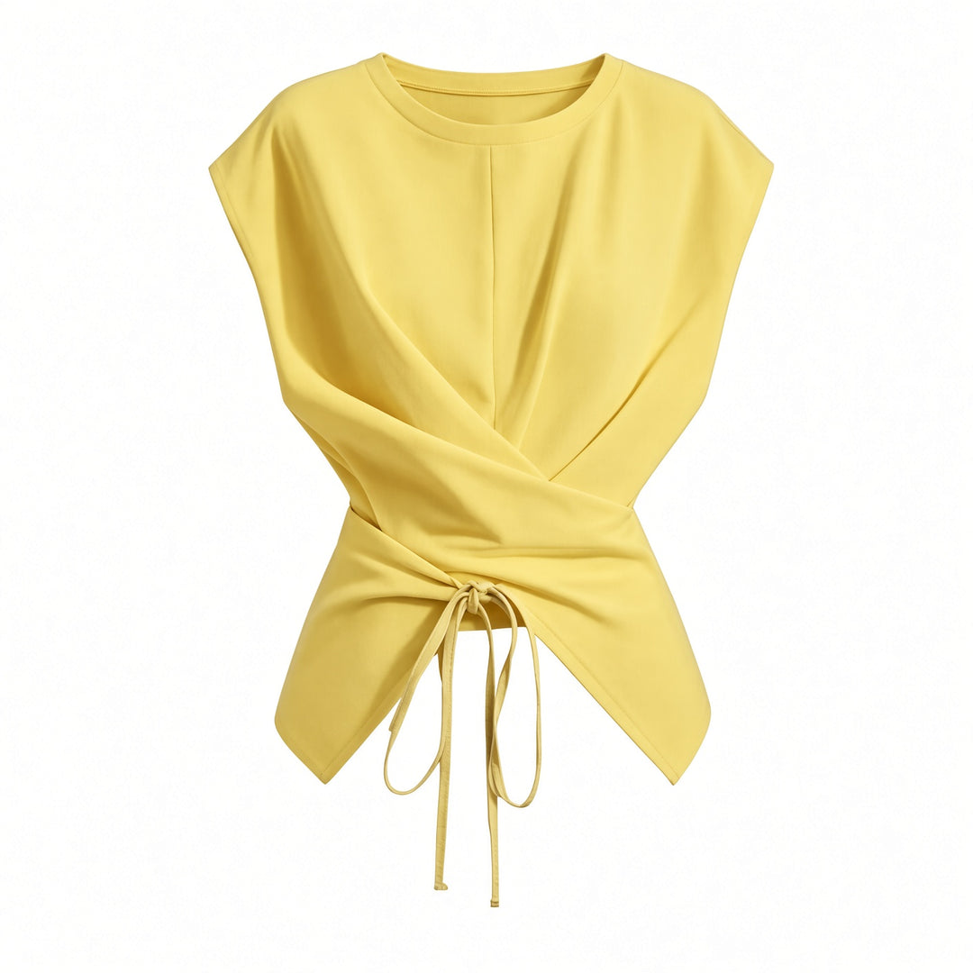 Yellow wrap-waist tie-back top, front view