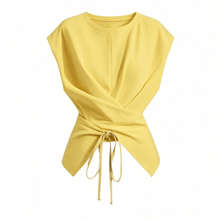 Yellow wrap-waist tie-back top, front view