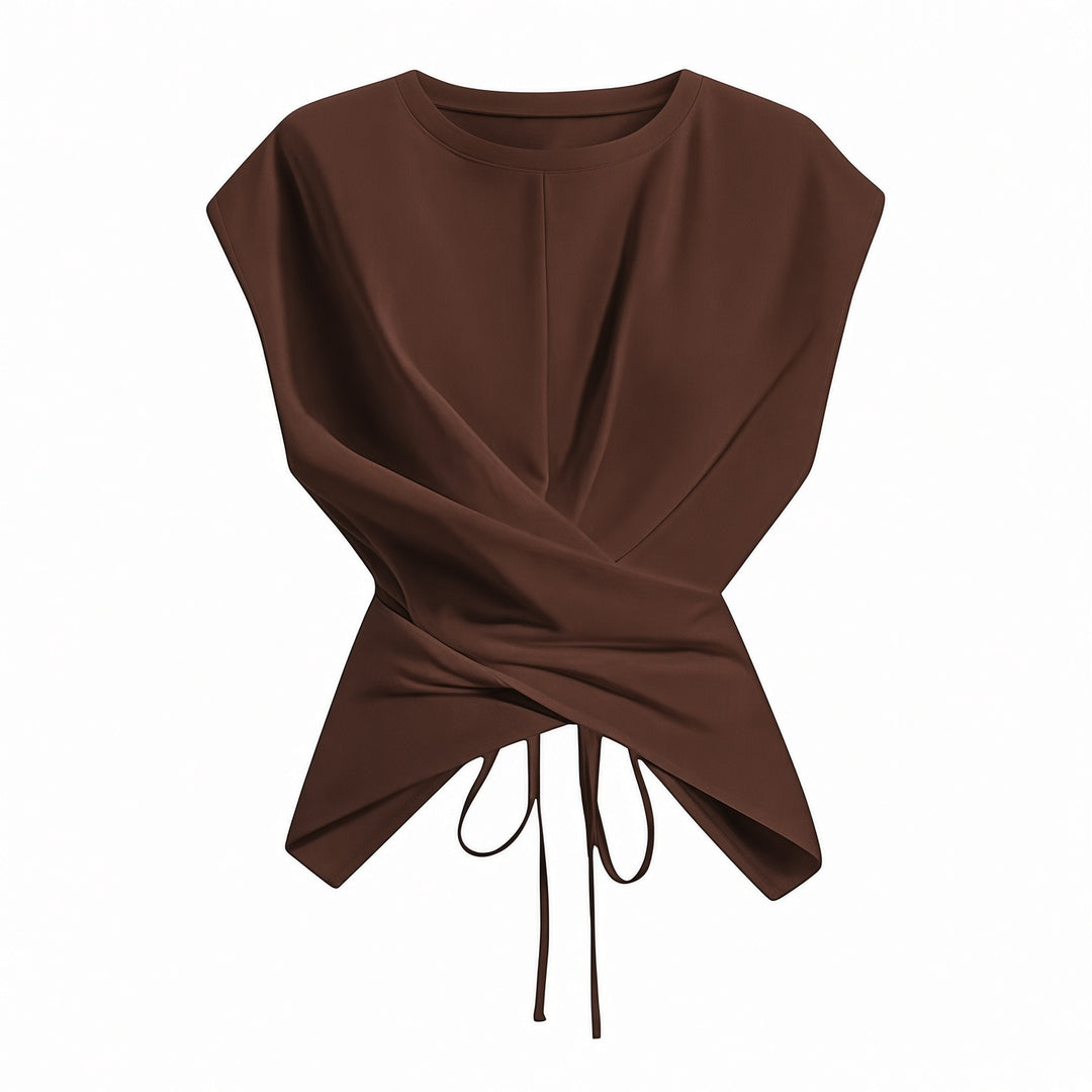 Brown wrap-waist tie-back top, front view