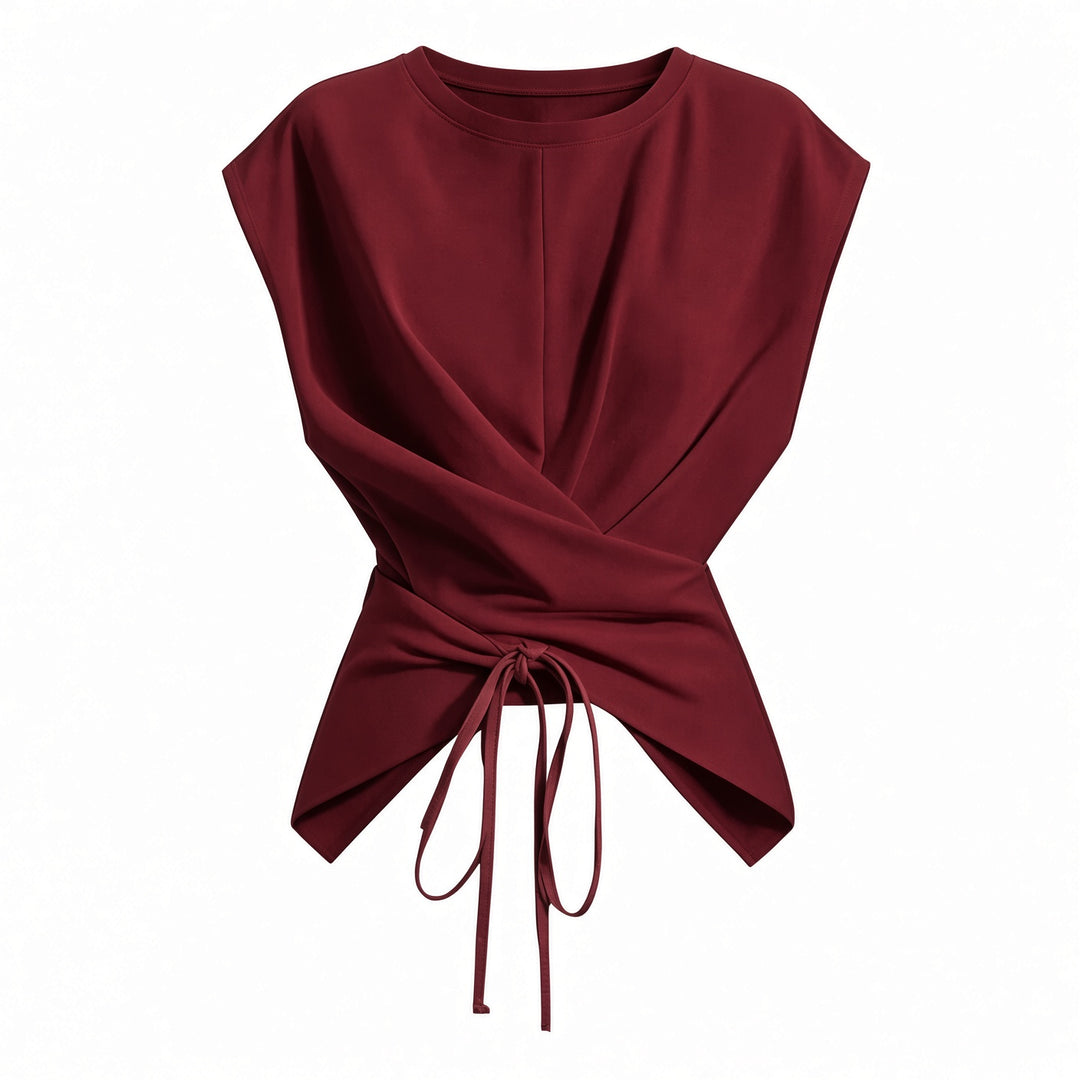 Burgundy wrap-waist tie-back top, front view