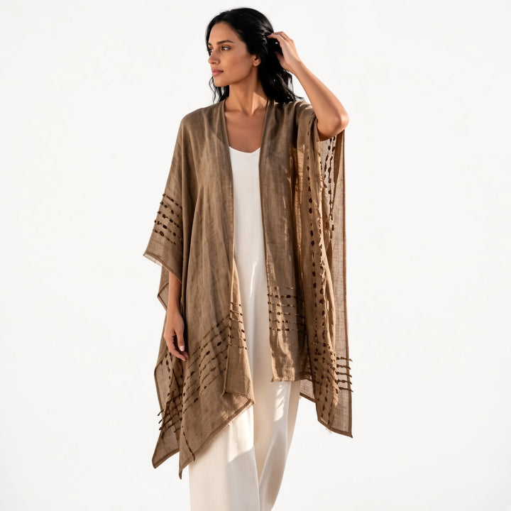 Coffee batwing wrap showing the openwork stripes