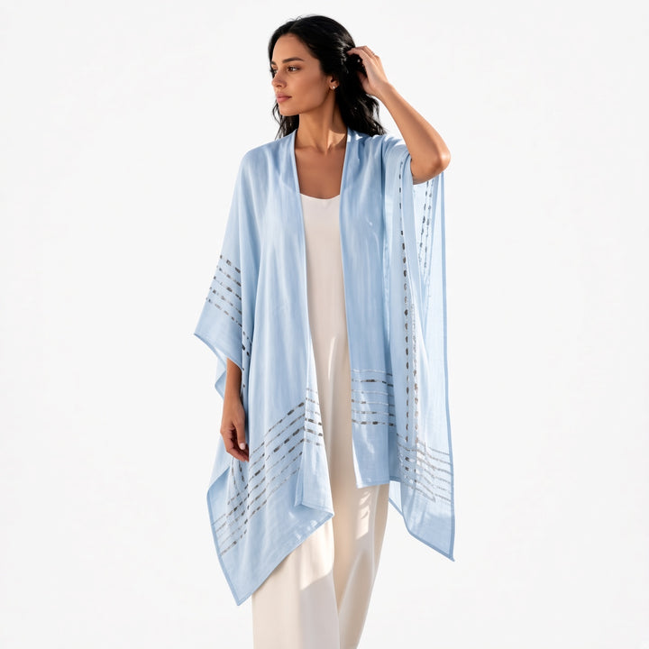 Sky Blue open-front wrap, full-length view