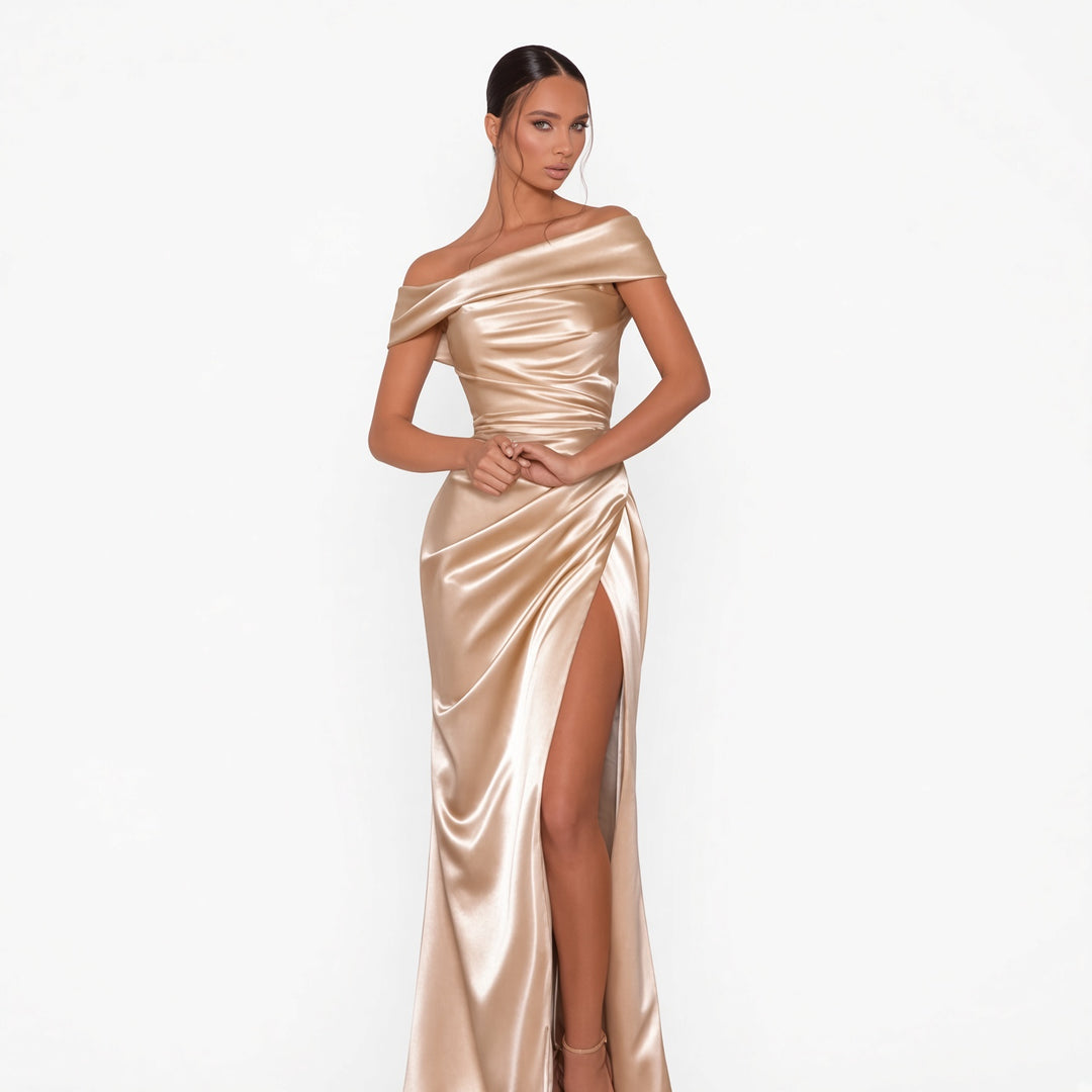 Champagne draped satin-look maxi dress