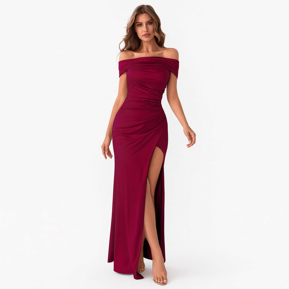Burgundy draped satin-look maxi dress