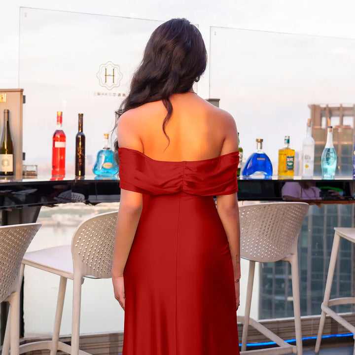 Back view of the Burgundy shoulder-baring maxi dress