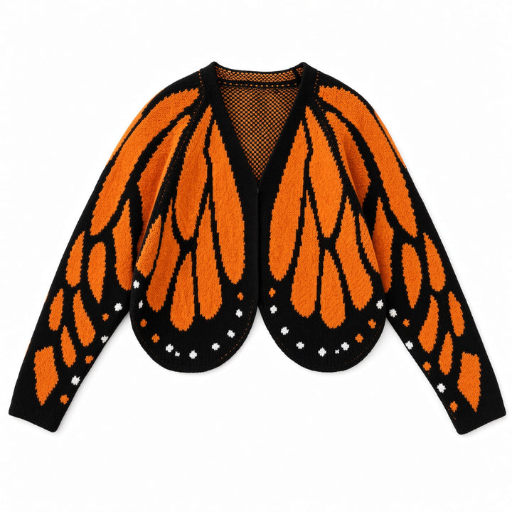 Orange butterfly-wing knit cardigan, front view