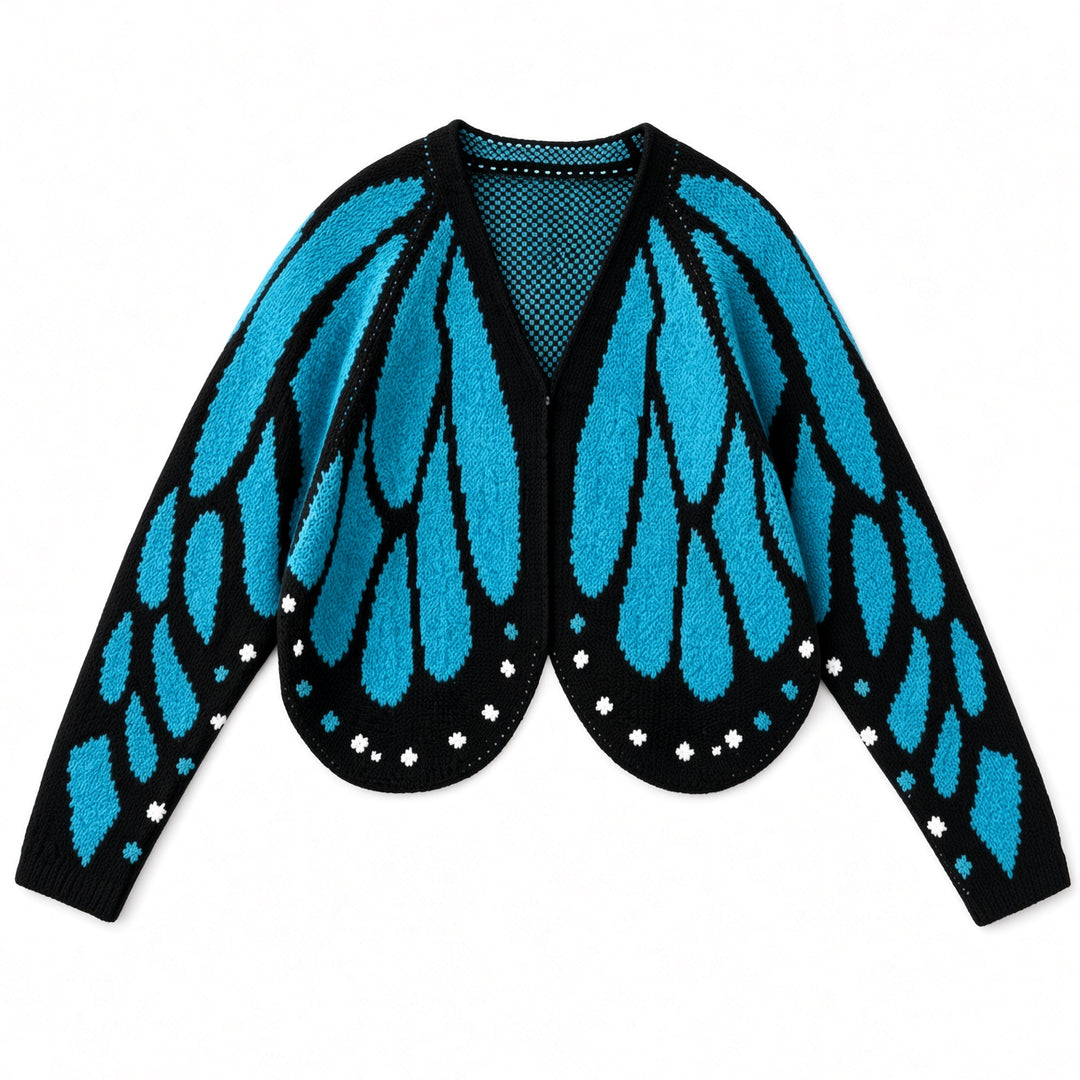 Sky Blue butterfly-wing knit cardigan, front view