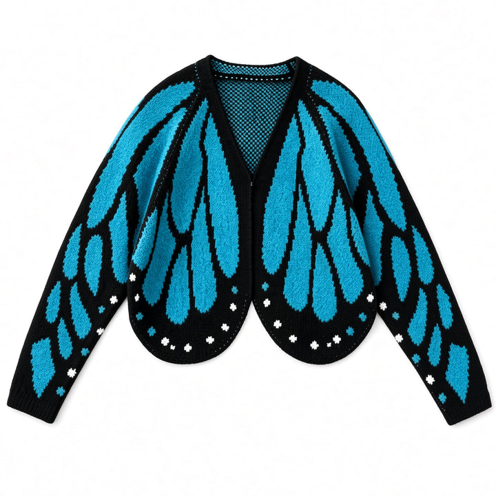 Sky Blue butterfly-wing knit cardigan, front view