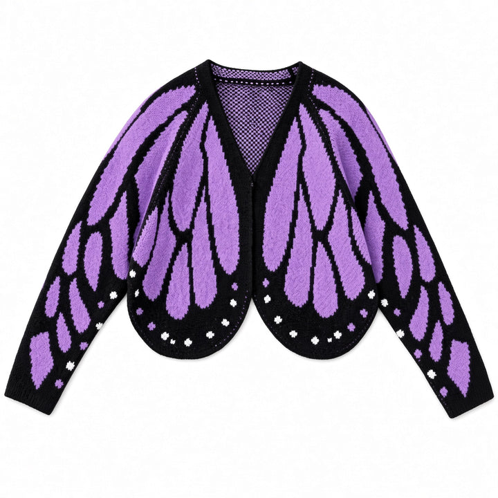 Purple butterfly-wing knit cardigan, front view