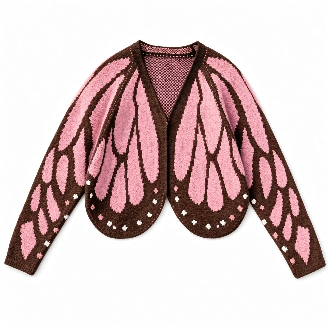 Pink butterfly-wing knit cardigan, front view