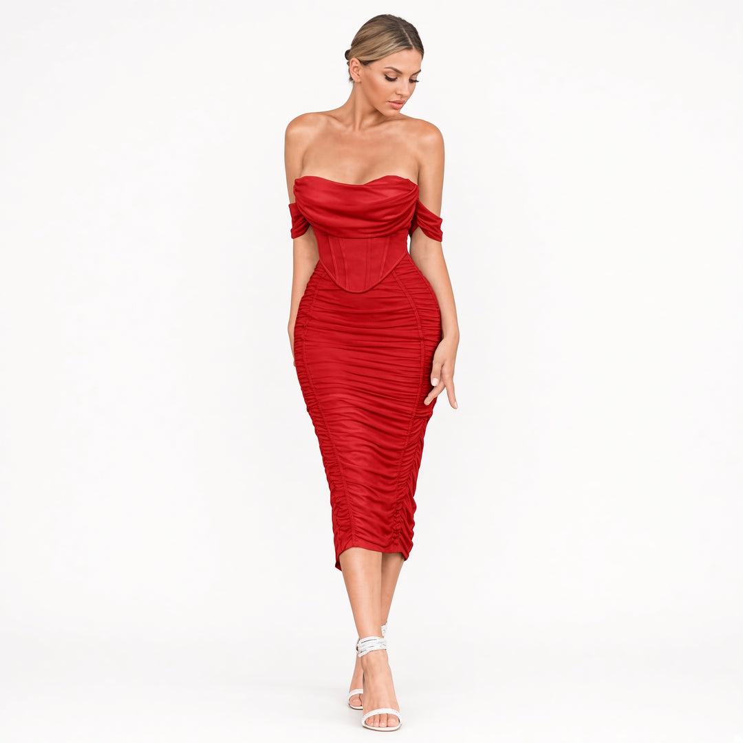 Red built-in bra ruched midi dress, front view