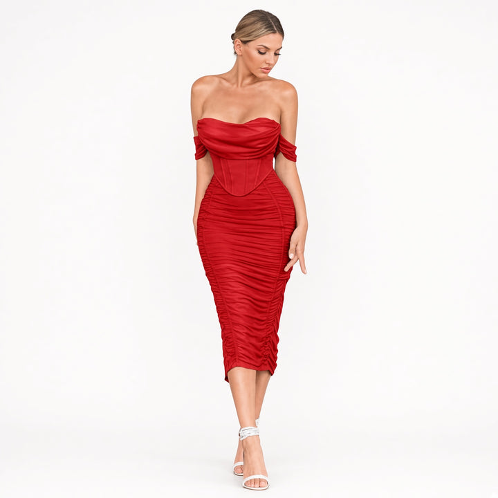 Red built-in bra ruched midi dress, front view