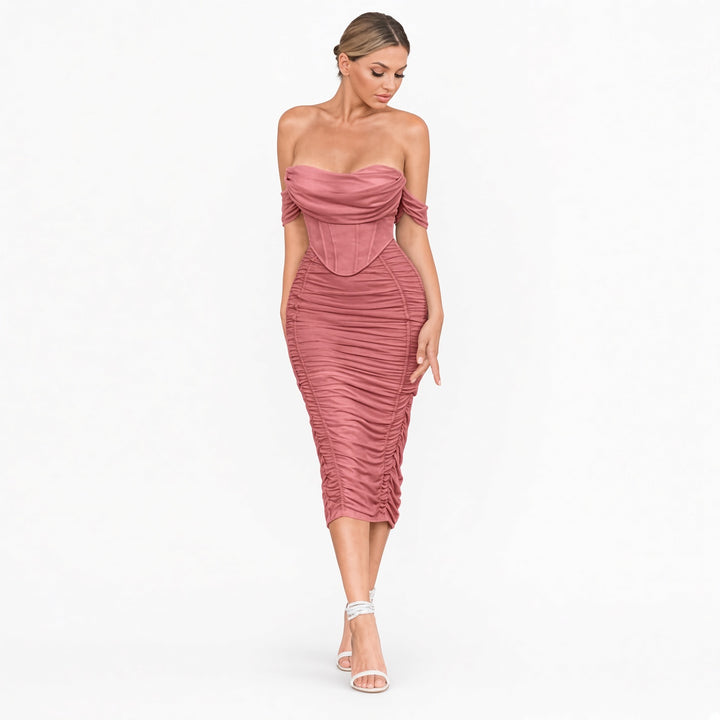 Pink built-in bra ruched midi dress, front view