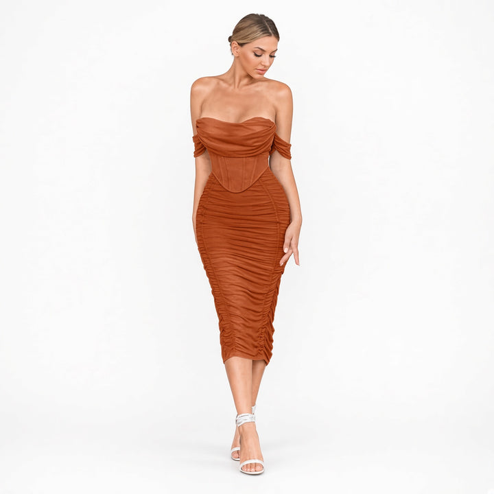 Camel built-in bra ruched midi dress, front view