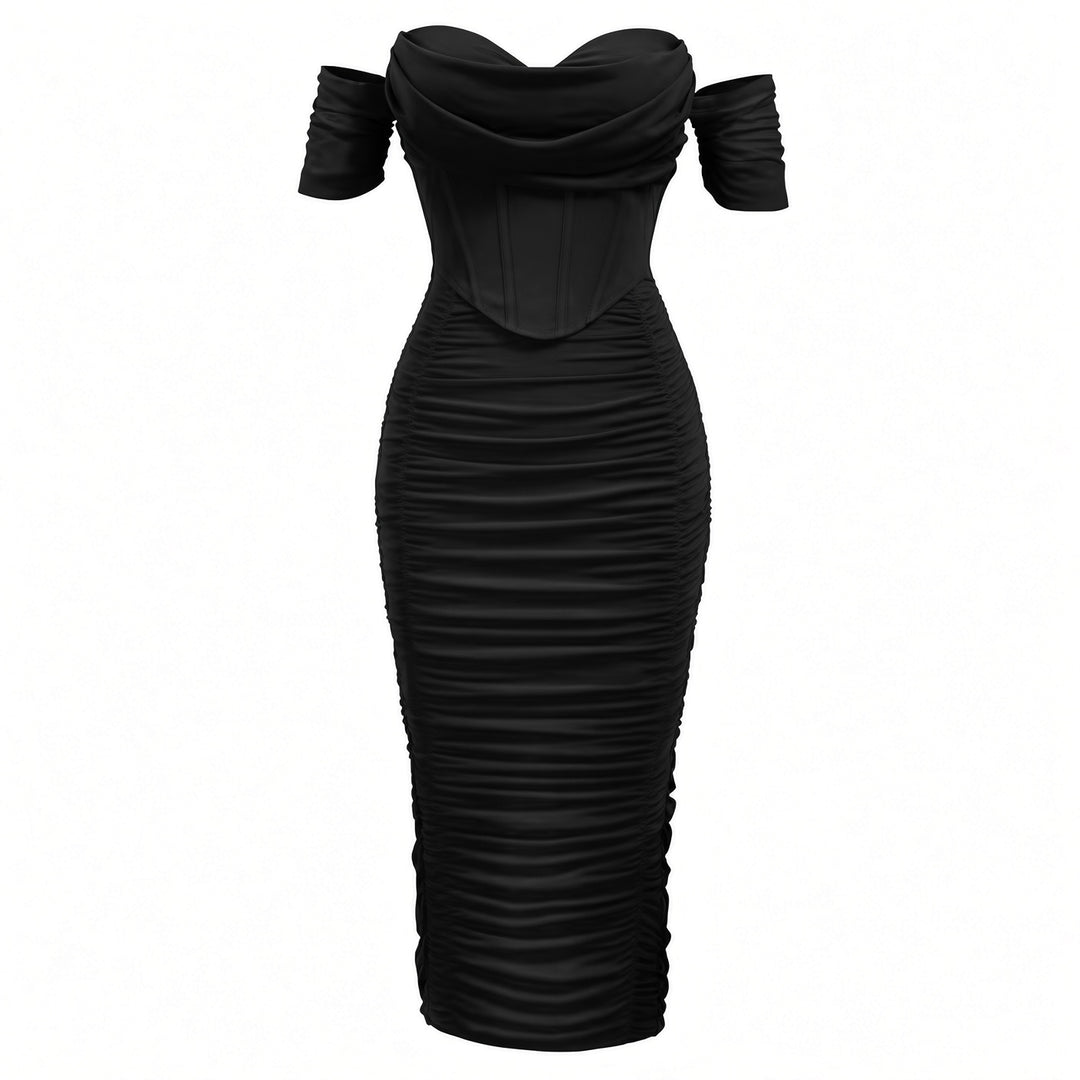 Black ruched midi dress showing the corset-inspired bodice construction