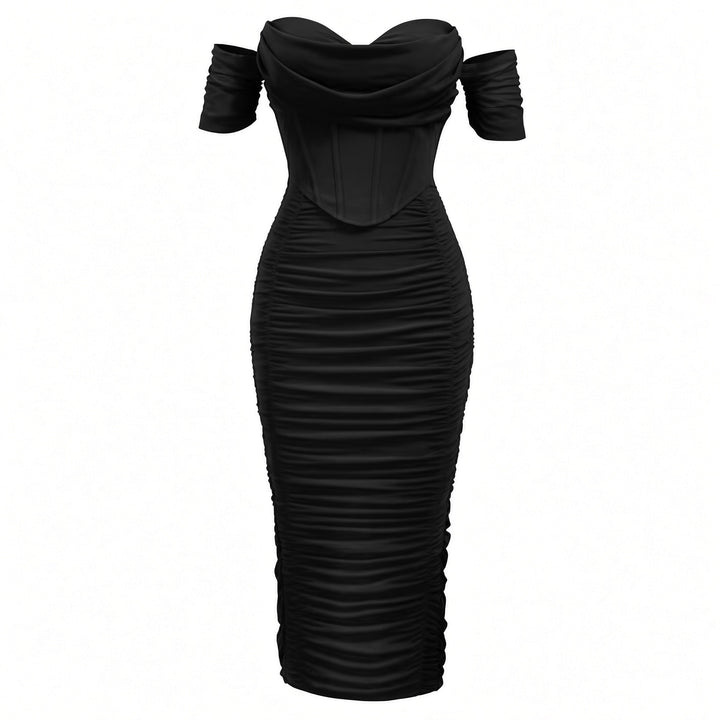 Black ruched midi dress showing the corset-inspired bodice construction