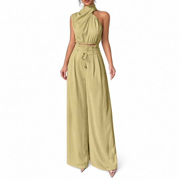 Khaki draped one-shoulder crop-top and wide-leg pant set, front view