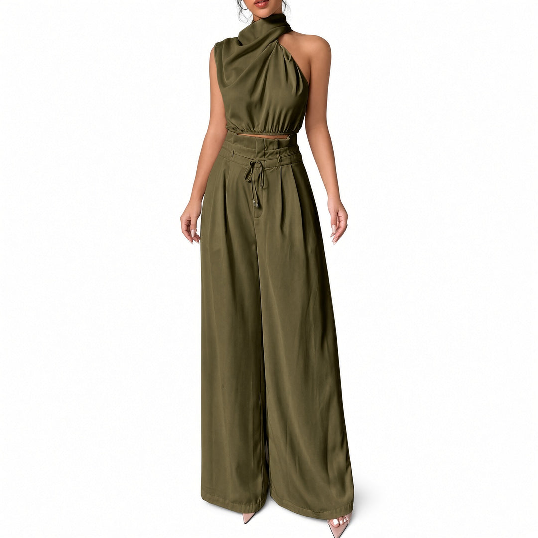 Army Green draped one-shoulder crop-top and wide-leg pant set, front view