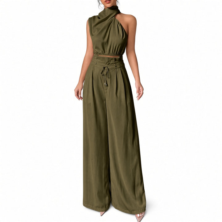 Army Green draped one-shoulder crop-top and wide-leg pant set, front view