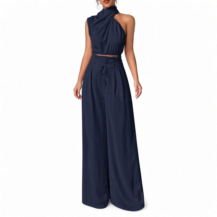 Navy draped one-shoulder crop-top and wide-leg pant set, front view