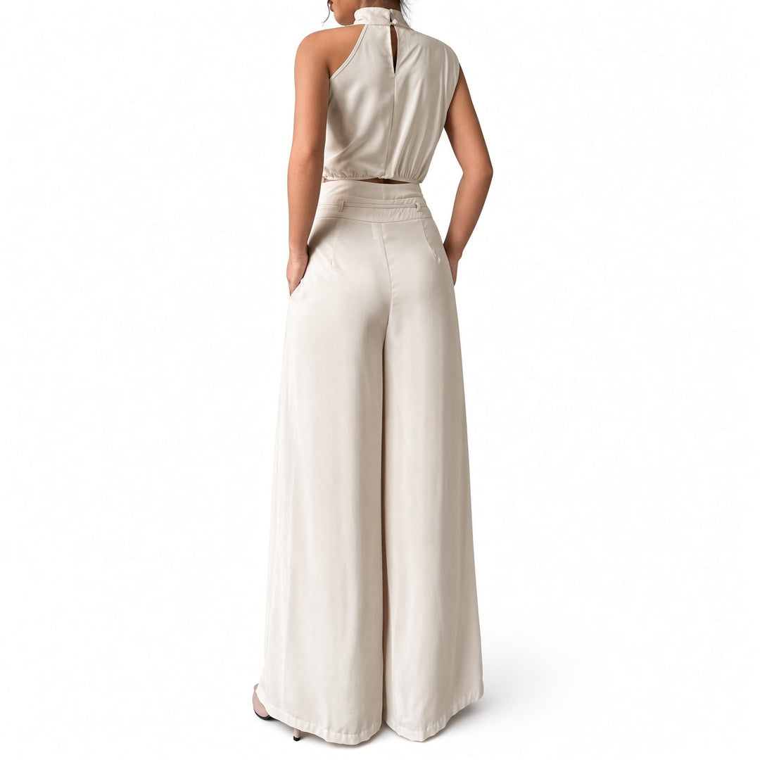 White draped pant set, back view