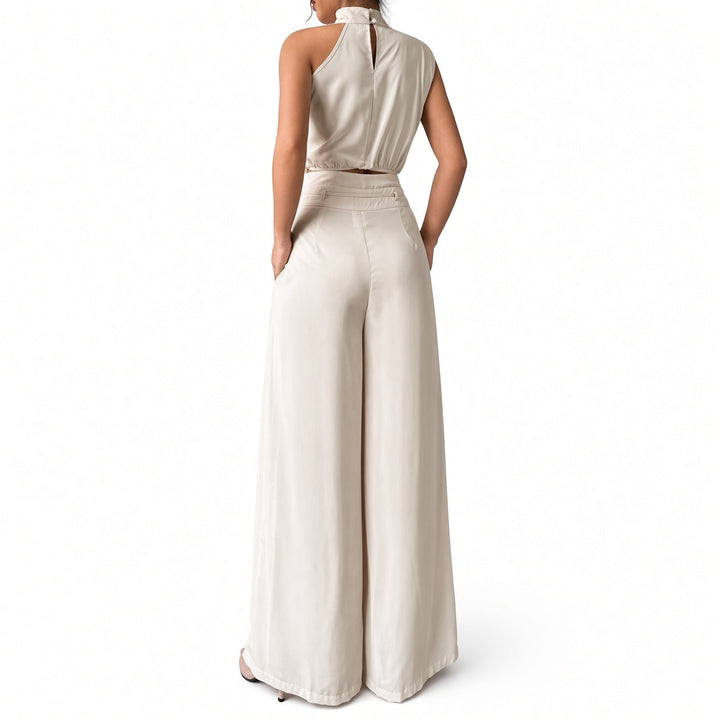 White draped pant set, back view