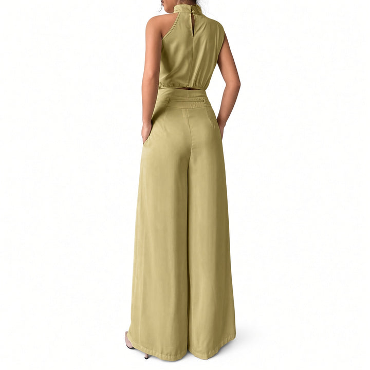 Khaki draped pant set, back view