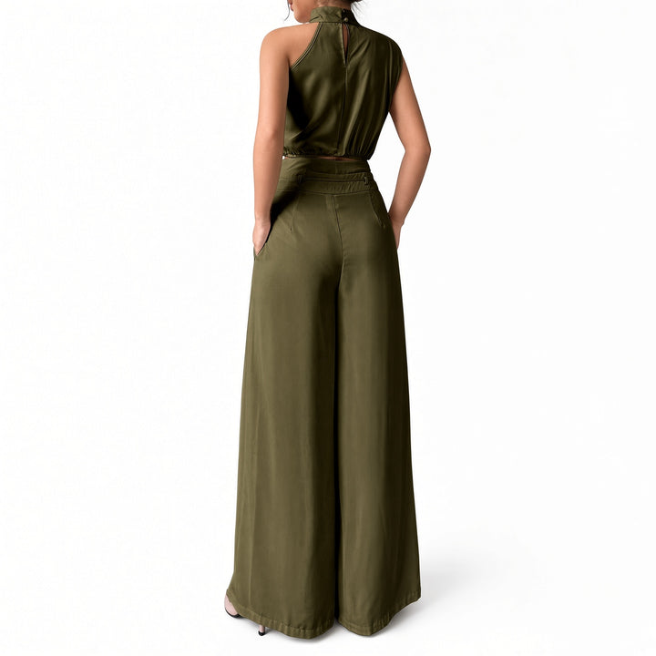 Army Green draped pant set, back view