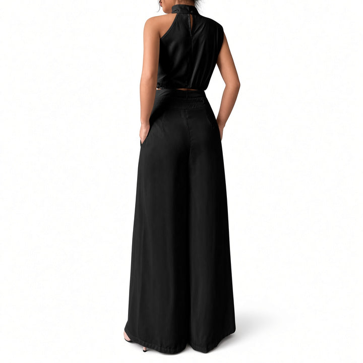 Black draped pant set, back view