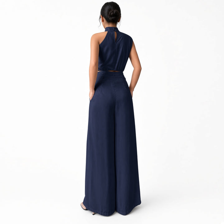 Navy draped pant set, back view