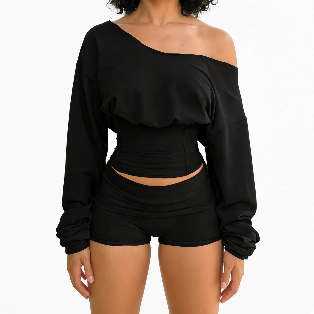 Black off-the-shoulder cinched top and shorts set, front view
