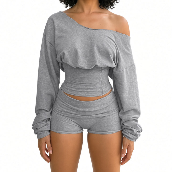 Gray off-the-shoulder cinched top and shorts set, front view