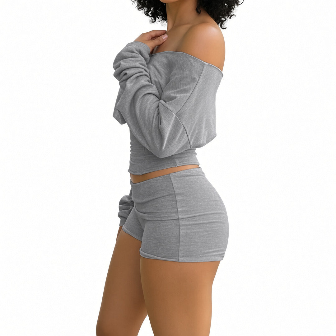 Gray off-the-shoulder top and shorts set, side view