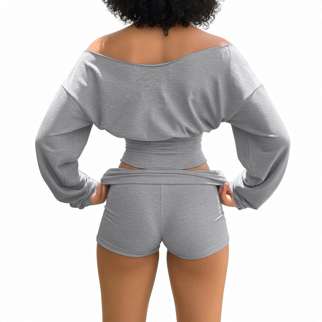 Gray cinched top and shorts set, back view