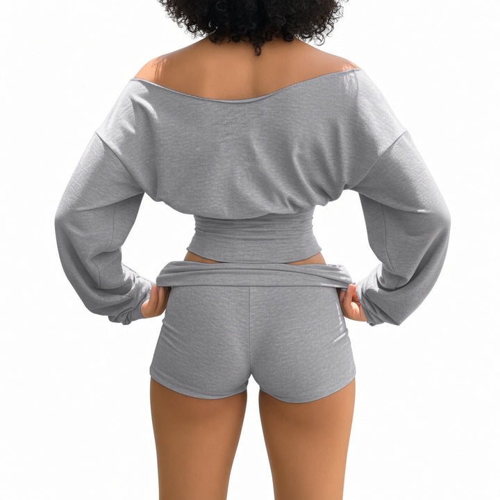 Gray cinched top and shorts set, back view