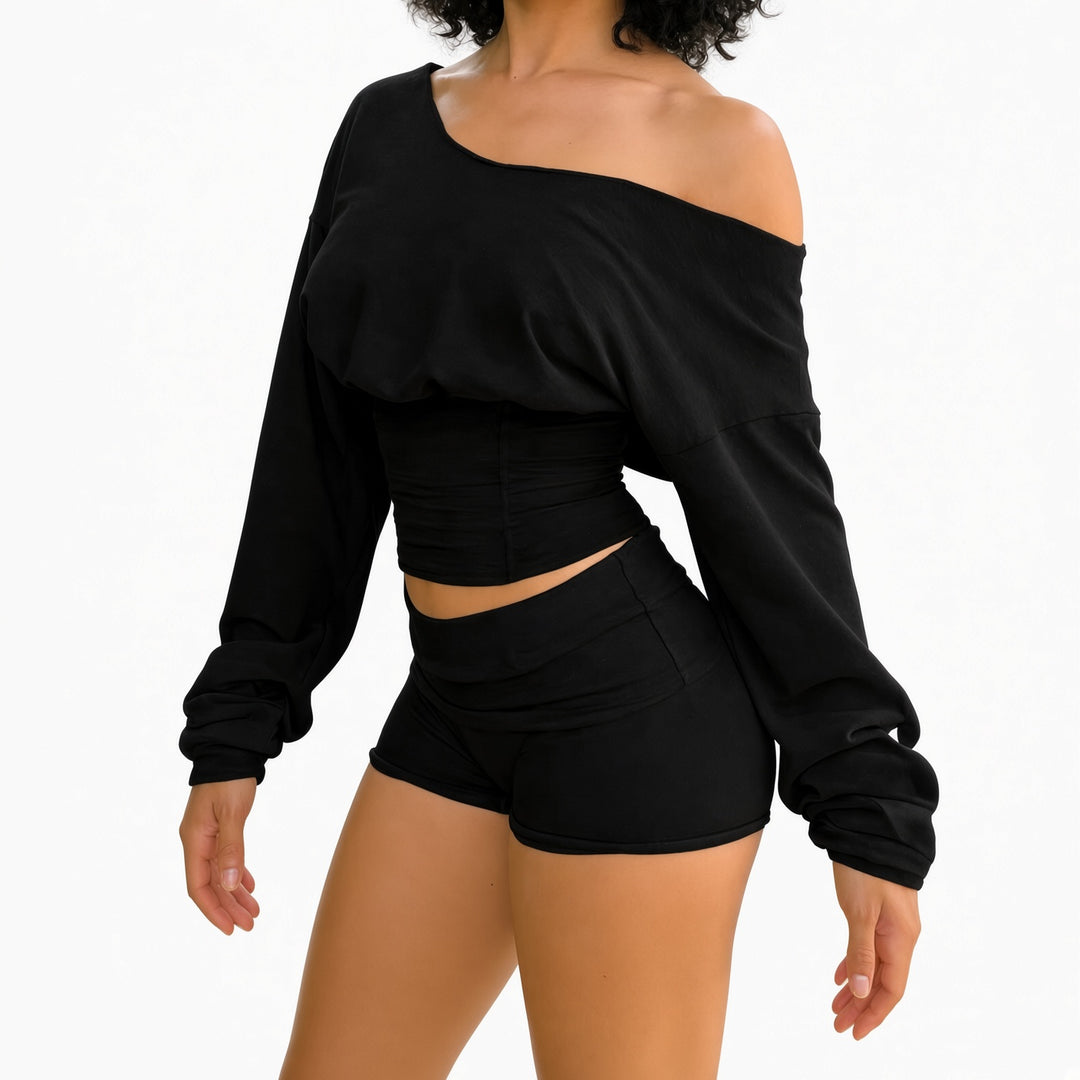 Black cinched top and shorts set, alternate front view