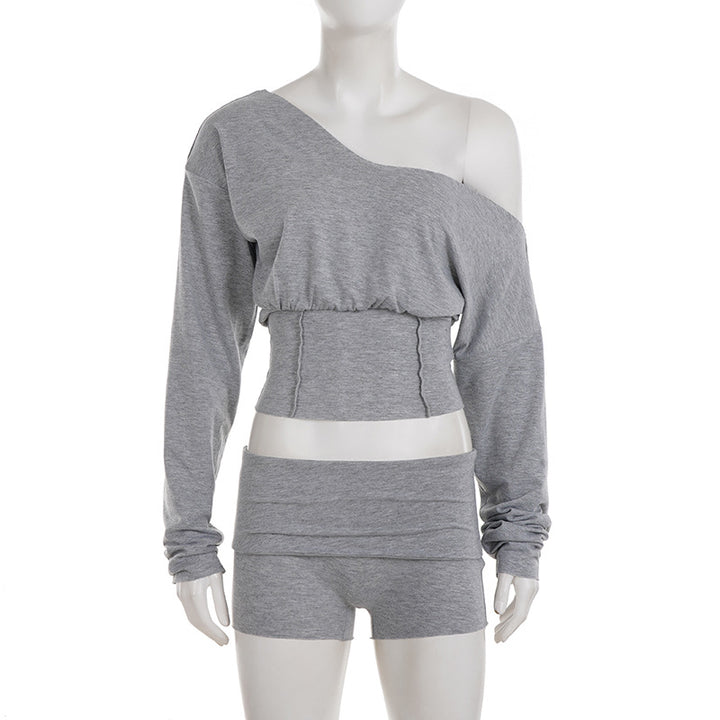 Gray off-the-shoulder cinched top and shorts set on mannequin